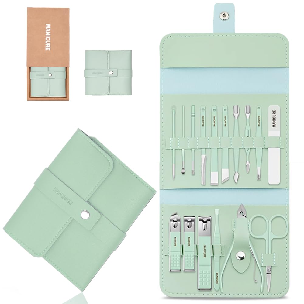 Manicure Set Professional Nail Clipper Kit - 16 Pieces Stainless Steel Pedicure Kit Nail Care Tools Grooming Kit with Luxurious Portable Travel Leather Case for Men Women Gift (Green)