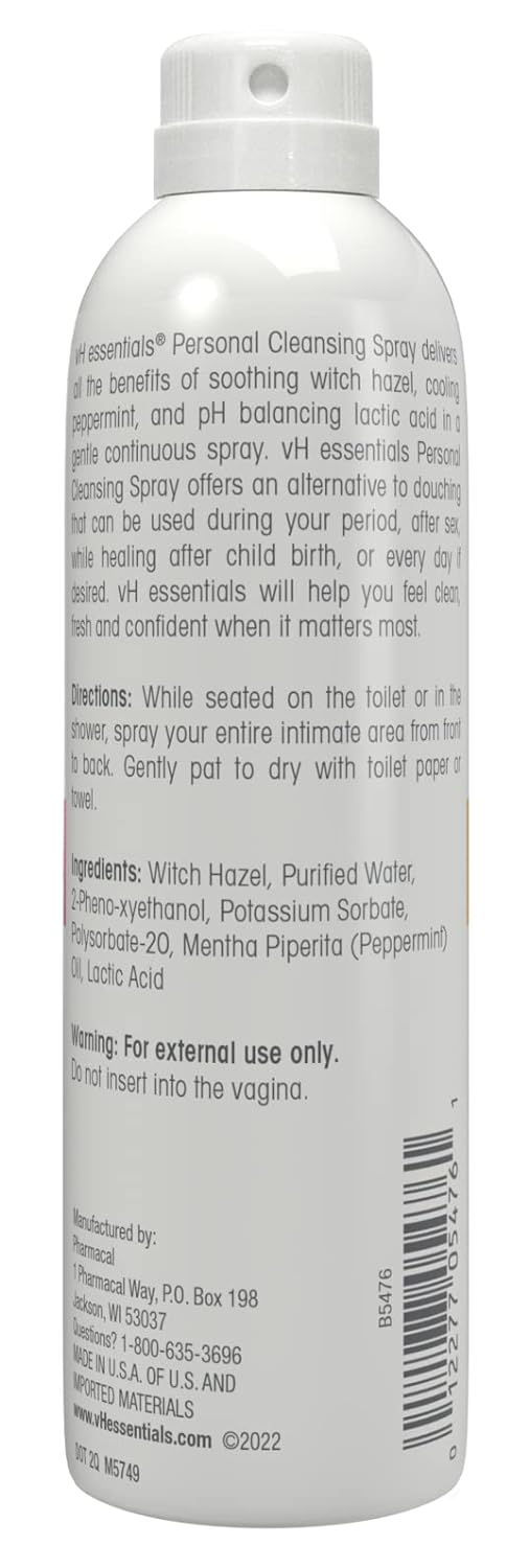 vH essentials Personal Cleansing Spray, pH Balancing Lactic Acid, Sting-Free, Witch Hazel Formula, Fragrance free, Paraben free, Sprays upside down for easy external intimate cleansing, 4 floz - Image 2