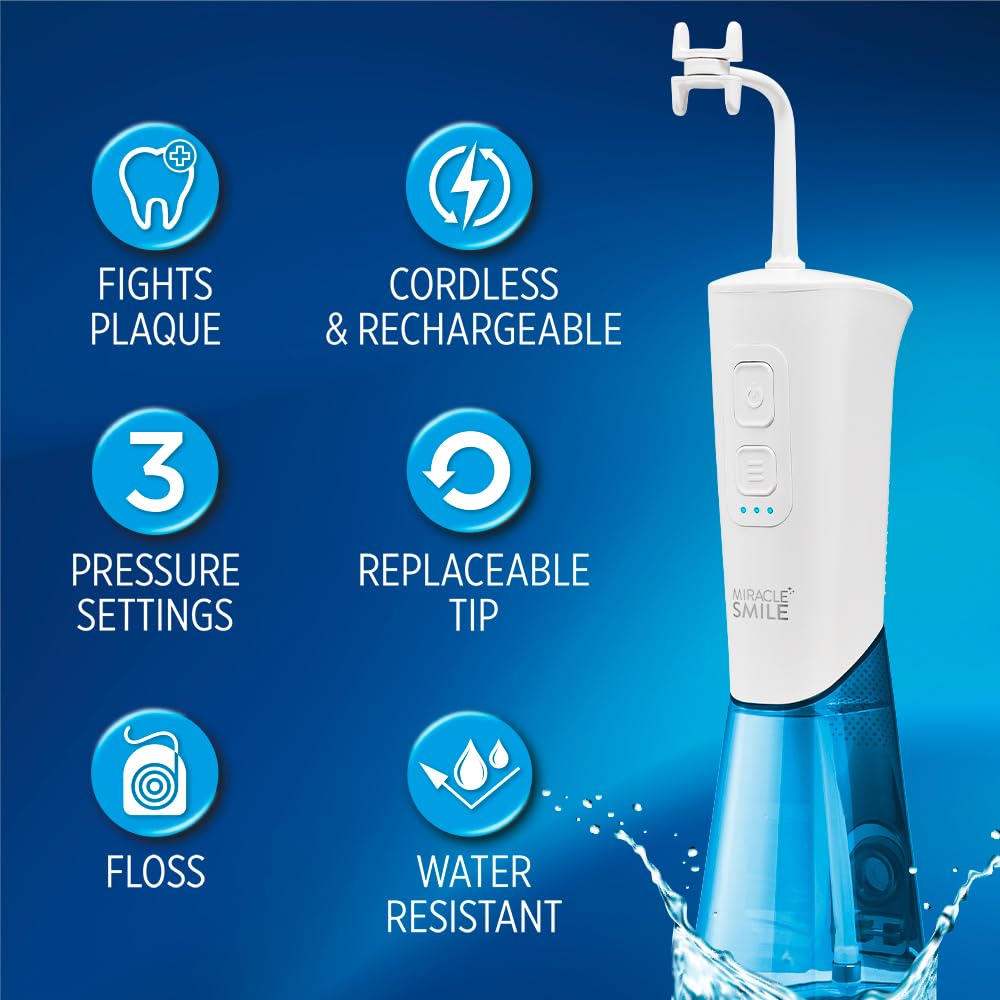 Ontel Miracle Smile Water Flosser for Teeth&Gum Health, Unique H-Shaped Flossing Head&4 Water Jets, Cordless Water Flosser Features 360° Cleaning&3 Pressure Modes, USB Rechargeable Dental Floss, White - Image 7