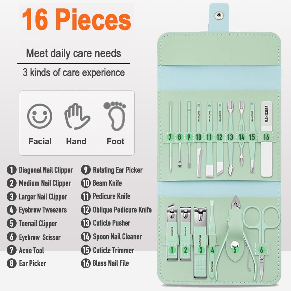 Manicure Set Professional Nail Clipper Kit - 16 Pieces Stainless Steel Pedicure Kit Nail Care Tools Grooming Kit with Luxurious Portable Travel Leather Case for Men Women Gift (Green) - Image 2