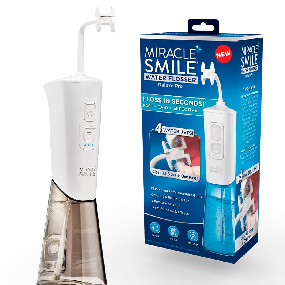 Ontel Miracle Smile Water Flosser for Teeth&Gum Health, Unique H-Shaped Flossing Head&4 Water Jets, Cordless Water Flosser Features 360° Cleaning&3 Pressure Modes, USB Rechargeable Dental Floss, White - Image 9