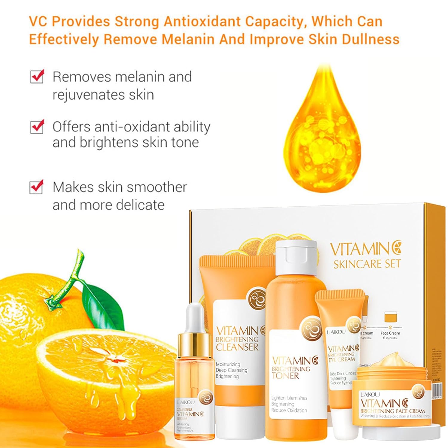 Vitamin C Skincare Set, 5-In-1 Skincare Gift Set With Cleanser, Toner, Face Serum, Face Cream, And Eye Cream, Skin Care Products For Teen Girls, Long-Lasting Moisturizing Skincare Set For Women Men - Image 2