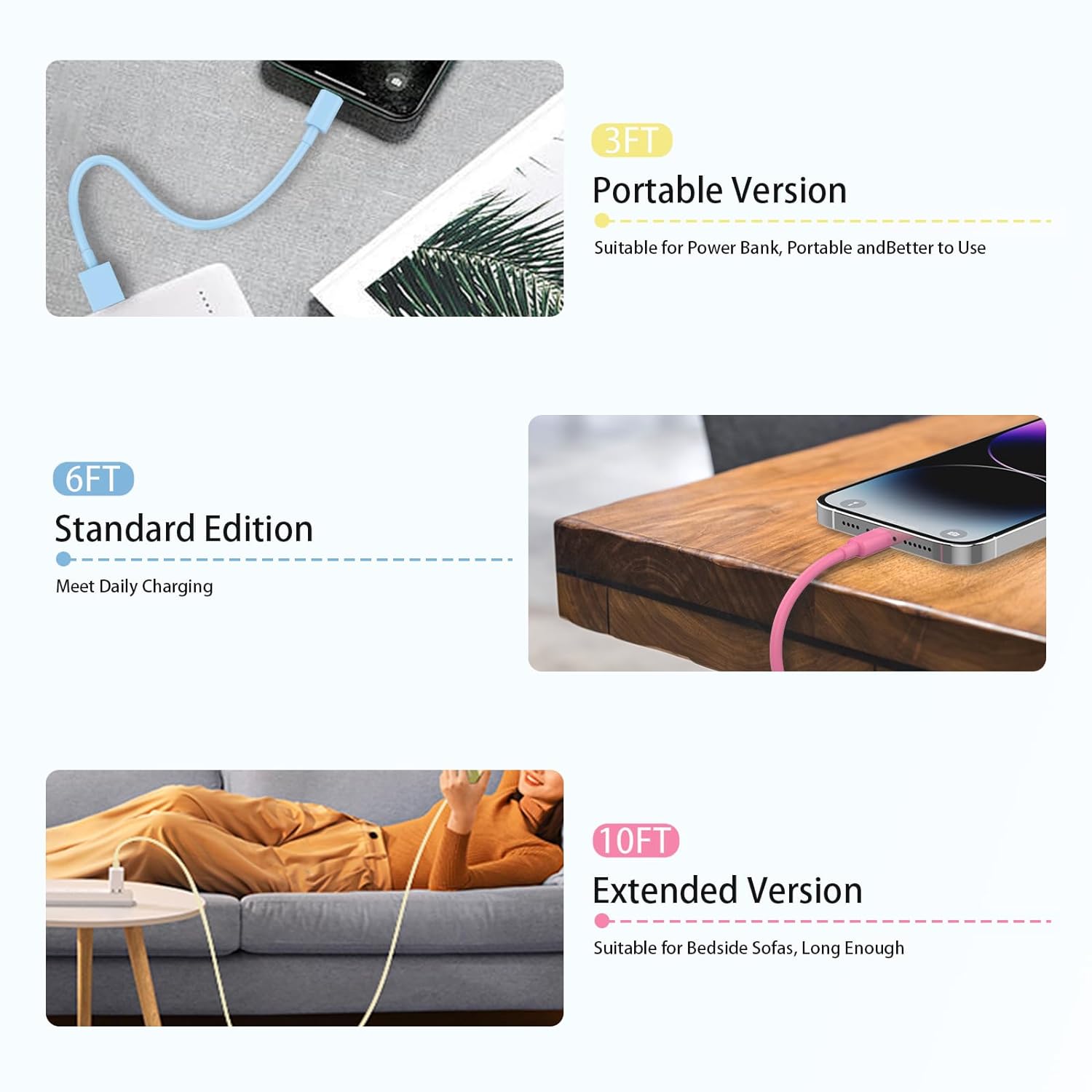 iPhone Charger 6 Pack (3/3/6/6/6/10ft) Apple MFi Certified Fast Charge Sync Lightning Cable Compatible with iPhone 14/13/12/11/Pro Max/SE/XR/XS/X/8/7 Plus iPad AirPods - Image 7