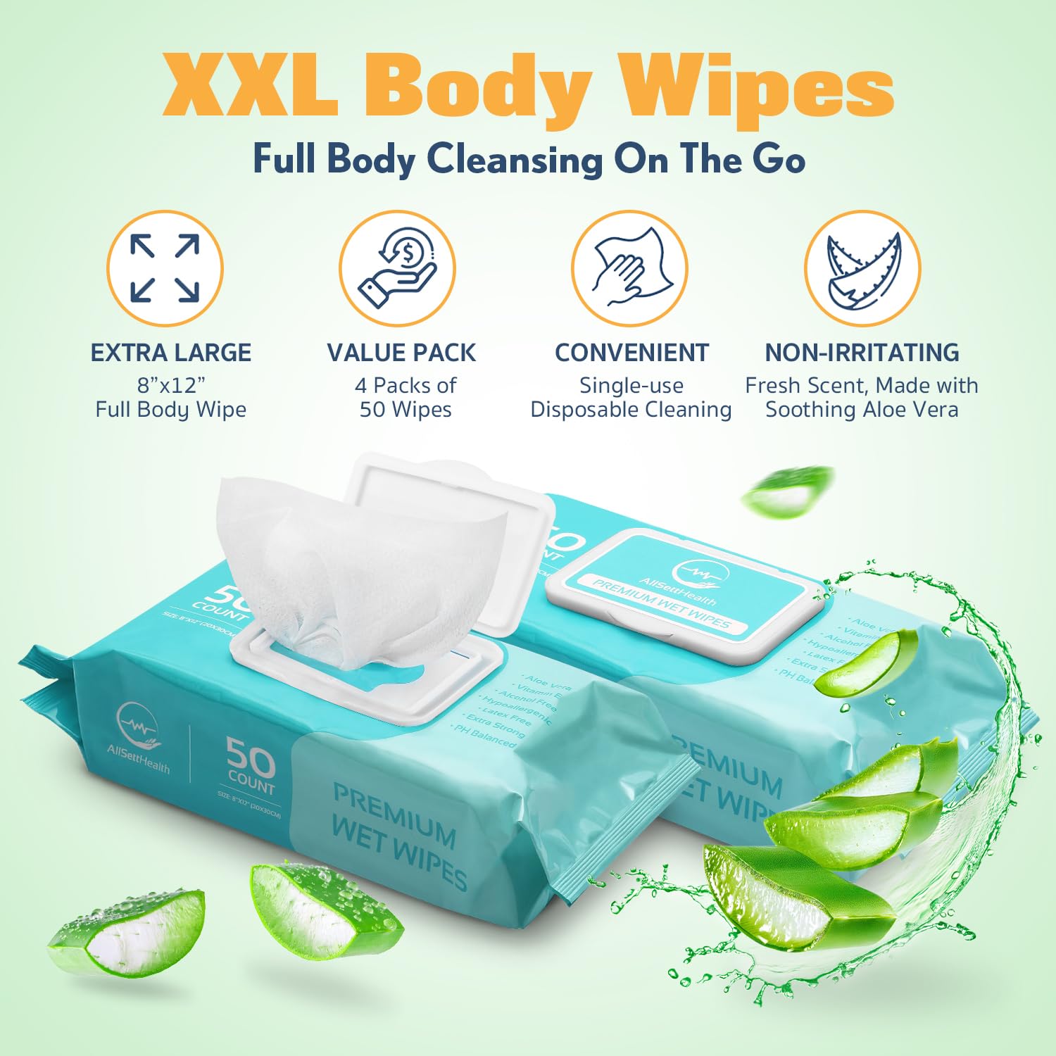 XL Body Wipes for Adults - 8" x 12" (200 count) | Adult Wipes for Eldery, Shower Wipes for Adults Bathing No Rinse, Aloe Vera, Vitamin E - Image 2