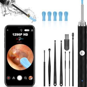 Ear Wax Removal, Ear Cleaner with Camera and Light, Ear Wax Removal Kit with 1296P Otoscope, Ear Cleaning Tool with 6 Ear Spoon, Ear Camera for iPhone & Android Phones,Black