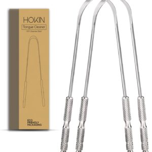 Tongue Scraper for Adults by HOKIN (2Pcs Oral Care Pack) Stainless Steel Tongue Cleaners Reduce Bad Breath 100% Metal Tough Scrapers Men and Women Hygiene Product