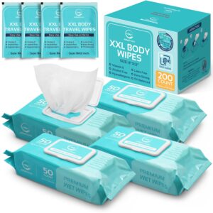 XL Body Wipes for Adults - 8" x 12" (200 count) | Adult Wipes for Eldery, Shower Wipes for Adults Bathing No Rinse, Aloe Vera, Vitamin E