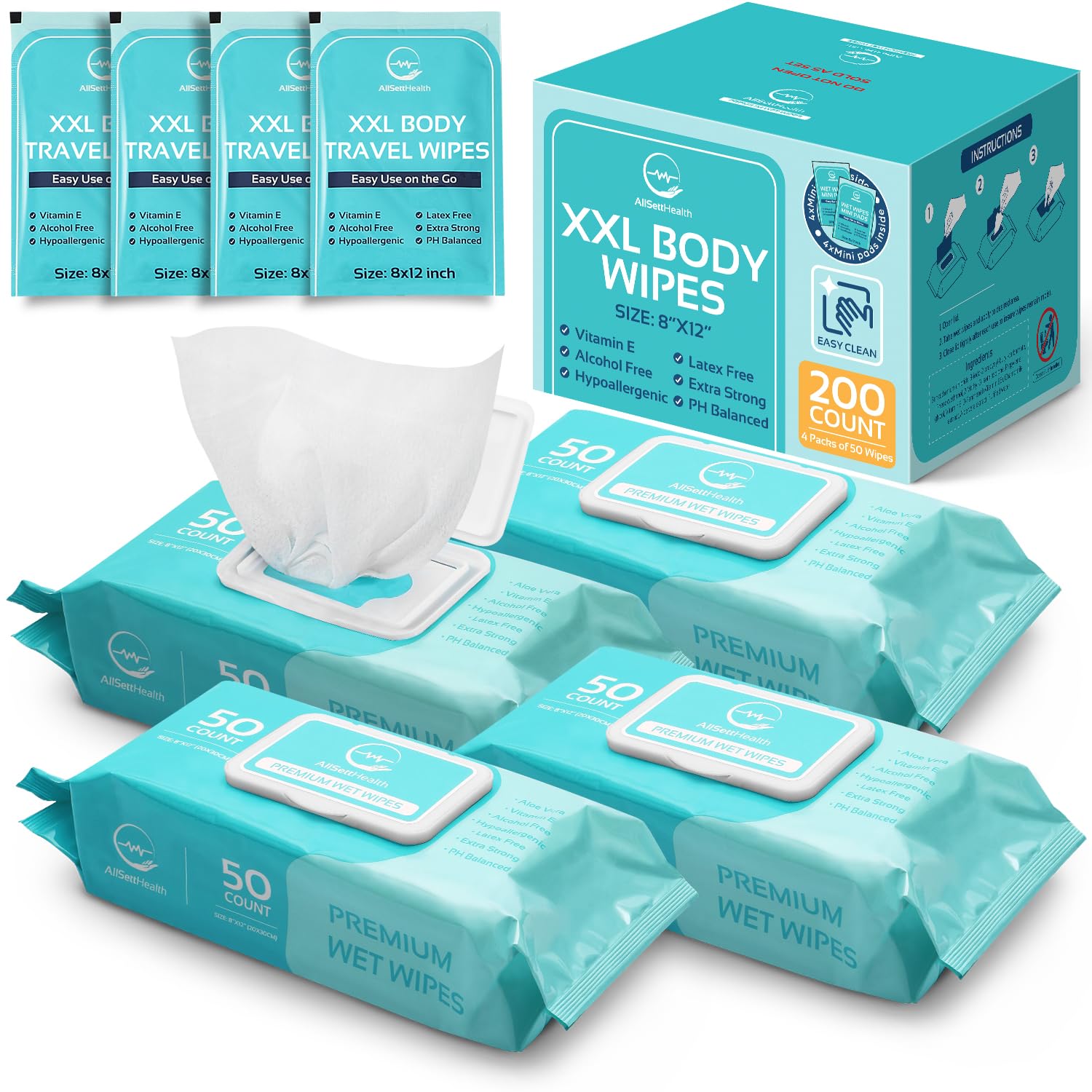 XL Body Wipes for Adults - 8" x 12" (200 count) | Adult Wipes for Eldery, Shower Wipes for Adults Bathing No Rinse, Aloe Vera, Vitamin E
