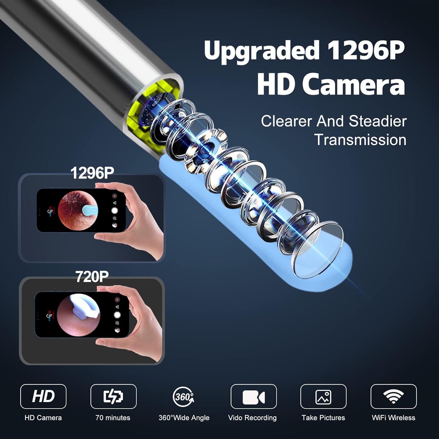 Ear Wax Removal, Ear Cleaner with Camera and Light, Ear Wax Removal Kit with 1296P Otoscope, Ear Cleaning Tool with 6 Ear Spoon, Ear Camera for iPhone & Android Phones,Black - Image 2