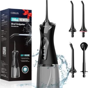 COSLUS Water Dental Flosser Pick for Teeth: 4 Modes Cordless Portable 300ML Larger Tank Water Teeth Cleaner IPX7 Waterproof Flossing Cleaning Picks for Home Travel FC5360