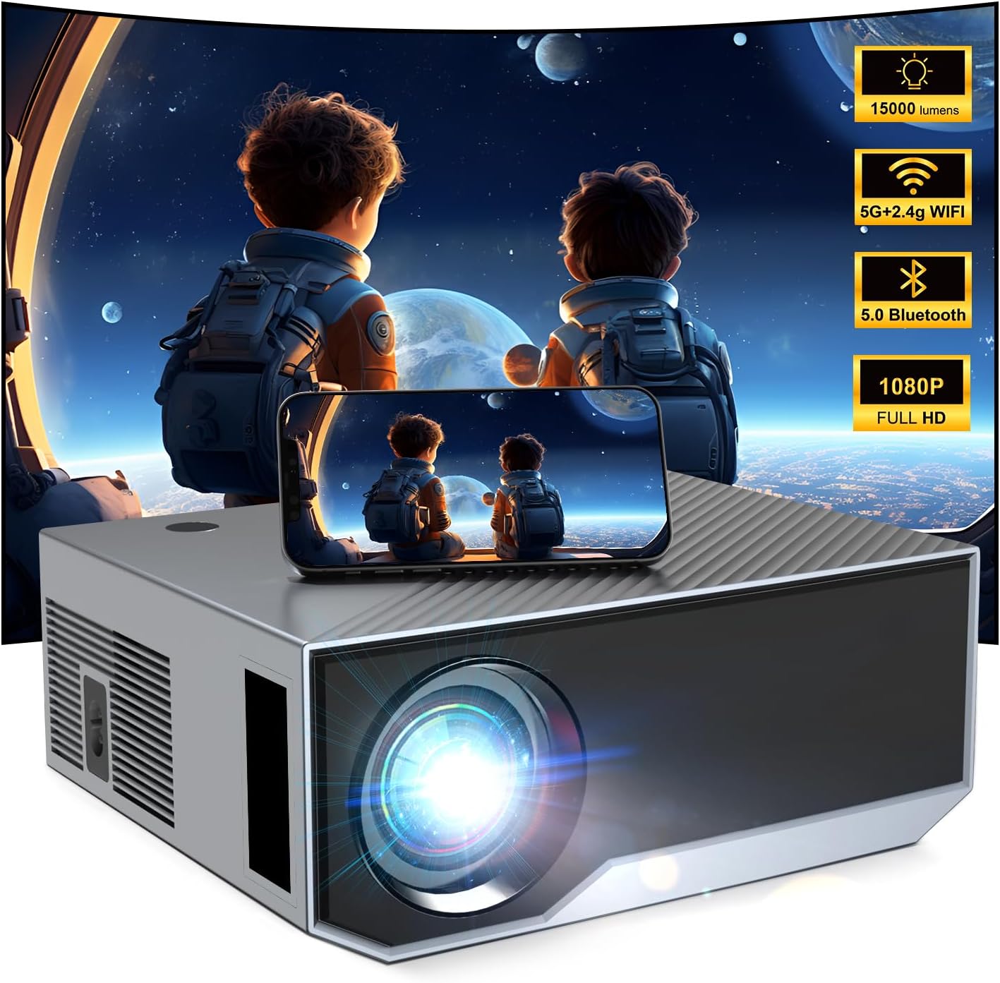 Projector with Wifi and Bluetooth, 500 ANSI Native 1080P Projector 15000 Lumen Home Video Projector Compatible with Iphone Android Phone/TV Stick/PS5/PC/Laptop