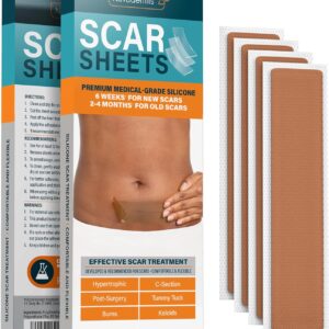 NUVADERMIS Silicone Scar Sheets - Extra Long Scar Sheets for C-Section, Tummy Tuck, Keloid, and Surgical Scars - Reusable Medical Grade Silicone Scar Sheets - Pack of 4 - Medium Tone