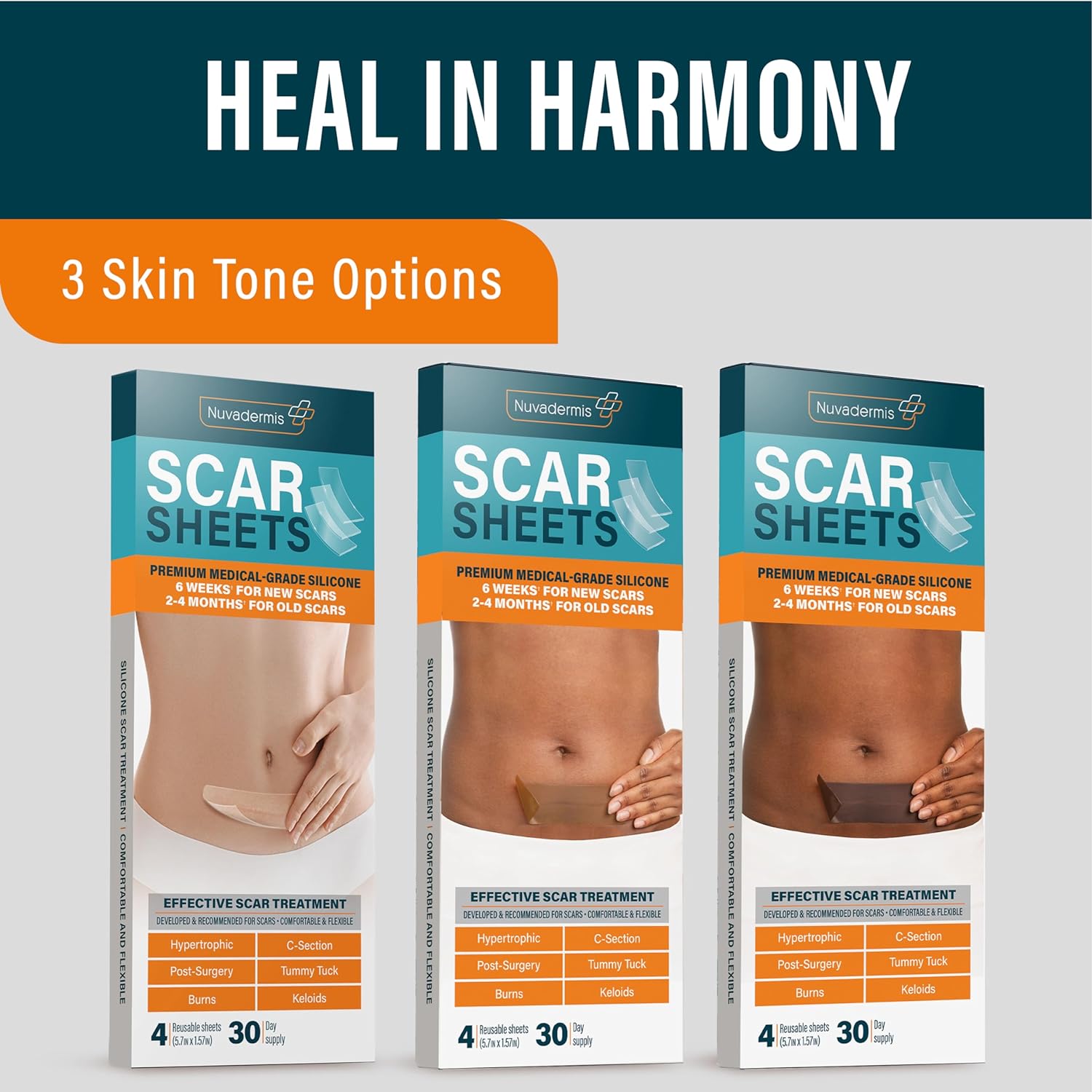 NUVADERMIS Silicone Scar Sheets - Extra Long Scar Sheets for C-Section, Tummy Tuck, Keloid, and Surgical Scars - Reusable Medical Grade Silicone Scar Sheets - Pack of 4 - Medium Tone - Image 6