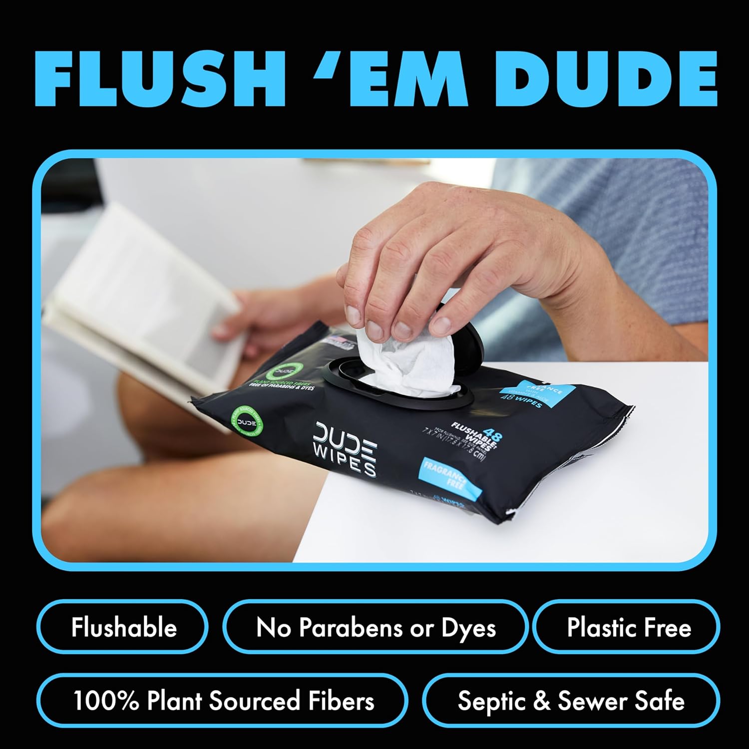 DUDE Wipes - Flushable Wipes - 3 Pack, 144 Wipes - Unscented Extra-Large Adult Wet Wipes - Vitamin-E & Aloe - Septic and Sewer Safe - Image 3